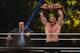 Brock Lesnar celebrates, with his manager Paul Heyman, after winning the WWE Universal Championship match as part of as part of the World Wrestling Entertainment (WWE) Crown Jewel pay-per-view at the King Saud University Stadium in Riyadh on November 2, 2018. (Photo by Fayez Nureldine / AFP) (Photo credit should read FAYEZ NURELDINE/AFP/Getty Images)