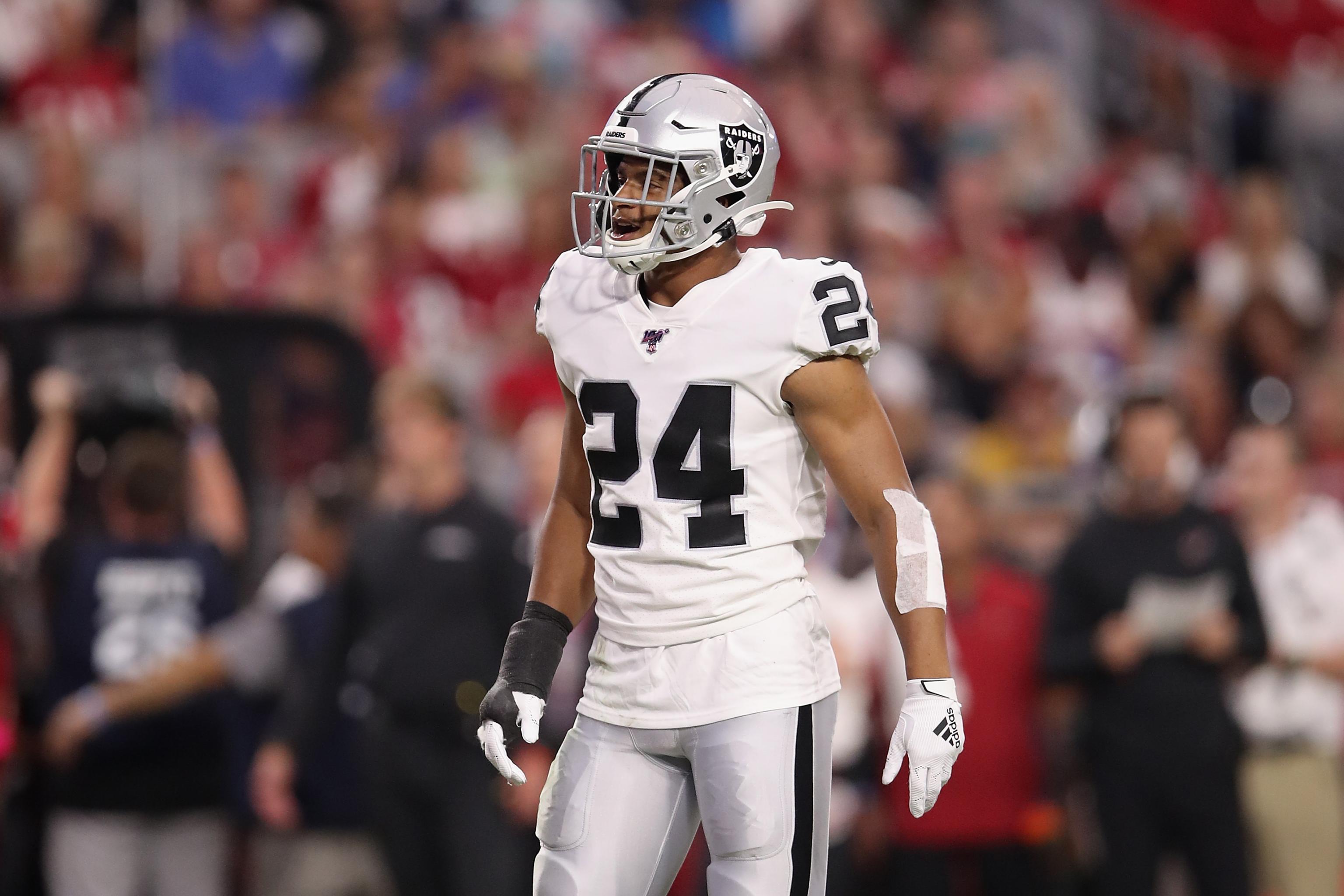 Las Vegas Raiders strong safety Johnathan Abram (24) warms up before the  start of an NFL footba …