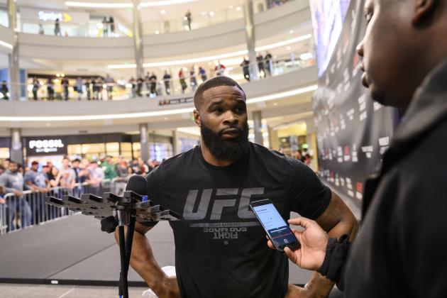 MINNEAPOLIS, MN - MAY 02: Tyron Woodley answers questions from media members during the UFC Fight Night Open Workouts event at the Mall of America on May 2, 2019 in Minneapolis, Minnesota. (Photo by Stephen Maturen/Zuffa LLC/Zuffa LLC)