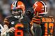 CLEVELAND, OHIO - SEPTEMBER 22: Quarterback Baker Mayfield #6 and wide receiver Odell Beckham #13 of the Cleveland Browns talk before the game against the Los Angeles Rams at FirstEnergy Stadium on September 22, 2019 in Cleveland, Ohio. (Photo by Gregory Shamus/Getty Images)