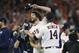 Houston Astros starting pitcher Gerrit Cole (45) celebrates with manager AJ Hinch (14) after the team's win in Game 5 of a baseball American League Division Series against the Tampa Bay Rays in Houston, Thursday, Oct. 10, 2019. Houston won 6-1. (AP Photo/Eric Christian Smith)
