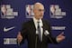 NBA Commissioner Adam Silver speaks at a news conference before an NBA preseason basketball game between the Houston Rockets and the Toronto Raptors Tuesday, Oct. 8, 2019, in Saitama, near Tokyo. (AP Photo/Jae C. Hong)
