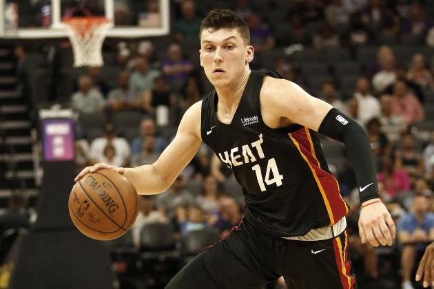 In this photo taken July 1, 2019, Miami Heat guard Tyler Herro dribbles down court against the Los Angeles Lakers during the second half of an NBA basketball summer league game in Sacramento, Calif., Monday, July 1, 2019. The Heat won 106-79. (AP Photo/Rich Pedroncelli)