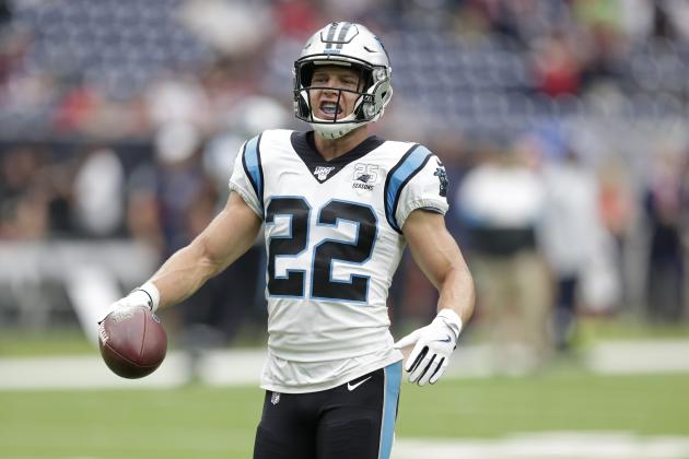 Carolina Panthers running back Christian McCaffrey (22) before an NFL football game against the Houston Texans Sunday, Sept. 15, 2019, in Houston. (AP Photo/Michael Wyke)