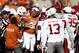 DALLAS, TEXAS - OCTOBER 12: Jacoby Jones #36 of the Texas Longhorns yells during a scuffle against the Oklahoma Sooners before the 2019 AT&T Red River Showdown at Cotton Bowl on October 12, 2019 in Dallas, Texas. (Photo by Ronald Martinez/Getty Images)