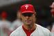 Philadelphia Phillies manager Gabe Kapler watches against the Detroit Tigers in the first inning of a baseball game in Detroit, Tuesday, July 23, 2019. (AP Photo/Paul Sancya)
