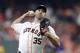 Houston Astros starting pitcher Justin Verlander (35) delivers a pitch against the Tampa Bay Rays in the first inning during Game 1 of a best-of-five American League Division Series baseball game in Houston, Friday, Oct. 4, 2019. (AP Photo/Michael Wyke)