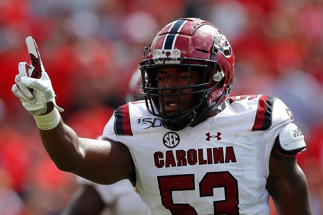 ATHENS, GEORGIA - OCTOBER 12:   Ernest Jones #53 of the South Carolina Gamecocks reacts after a defensive stop against the Georgia Bulldogs in the second half at Sanford Stadium on October 12, 2019 in Athens, Georgia. (Photo by Kevin C. Cox/Getty Images)