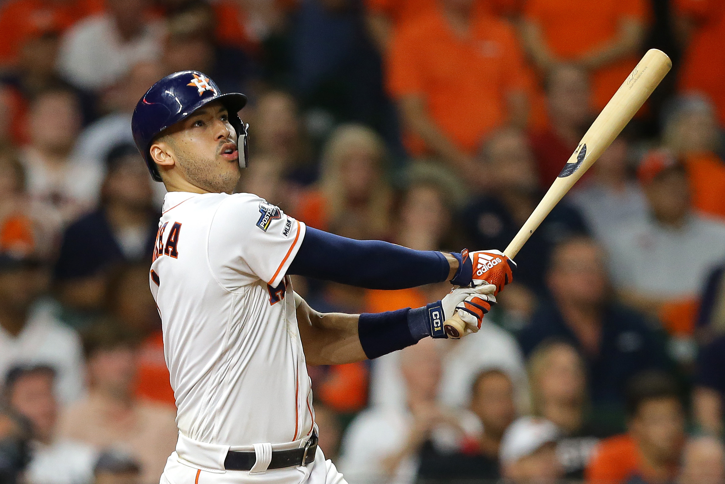 Carlos Correa of the Puerto Rico watches his two-run home run to