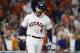 Houston Astros' George Springer celebrates after his home run against the New York Yankees during the fifth inning in Game 2 of baseball's American League Championship Series Sunday, Oct. 13, 2019, in Houston. (AP Photo/Matt Slocum)