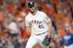 HOUSTON, TEXAS - OCTOBER 10: Gerrit Cole #45 of the Houston Astros reacts after striking out Willy Adames (not pictured) #1 of the Tampa Bay Rays during the fifth inning in game five of the American League Division Series at Minute Maid Park on October 10, 2019 in Houston, Texas. (Photo by Bob Levey/Getty Images)