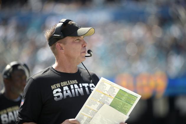 New Orleans Saints head coach Sean Payton watches from the sideline during the first half of an NFL football game against the Jacksonville Jaguars Sunday, Oct. 13, 2019, in Jacksonville, Fla. (AP Photo/Phelan M. Ebenhack)