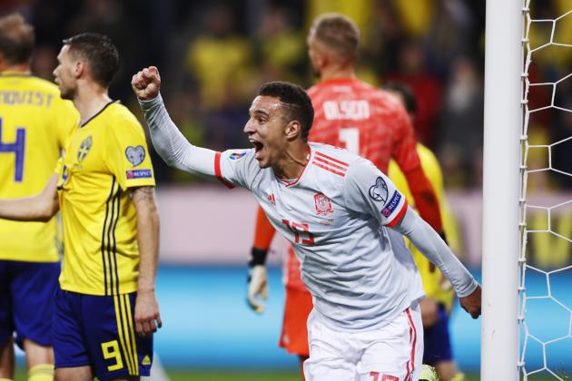 SOLNA, SWEDEN - OCTOBER 15: Rodrigo of Spain celebrates after scoring to 1-1 during the UEFA Euro 2020 qualifier between Sweden and Spain at Friends arena on October 15, 2019 in Solna, Sweden. (Photo by Nils Petter Nilsson/Getty Images)