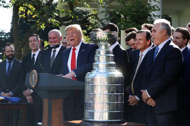 WASHINGTON, DC - OCTOBER 15: U.S. President Donald Trump speaks during an event to honor the 2019 Stanley Cup Champions, St. Louis Blues in the Rose Garden at the White House on October 15, 2019 in Washington, DC.  (Photo by Mark Wilson/Getty Images)