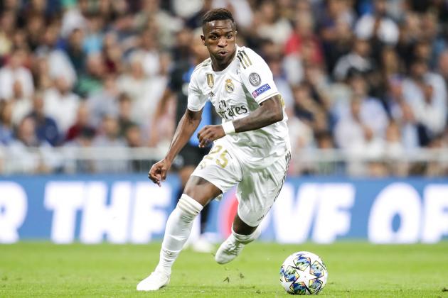 MADRID, SPAIN - OCTOBER 1: Vinicius Junior of Real Madrid during the UEFA Champions League  match between Real Madrid v Club Brugge at the Santiago Bernabeu on October 1, 2019 in Madrid Spain (Photo by David S. Bustamante/Soccrates/Getty Images)