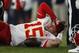 Kansas City Chiefs quarterback Patrick Mahomes (15) lies on the field after being injured against the Denver Broncos during the first half of an NFL football game, Thursday, Oct. 17, 2019, in Denver. (AP Photo/David Zalubowski)