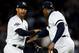 NEW YORK, NEW YORK - OCTOBER 18: Aroldis Chapman #54 and Aaron Hicks #31 of the New York Yankees celebrate after defeating the Houston Astros in game five of the American League Championship Series with a score of 4 to 1 at Yankee Stadium on October 18, 2019 in New York City. (Photo by Mike Stobe/Getty Images)