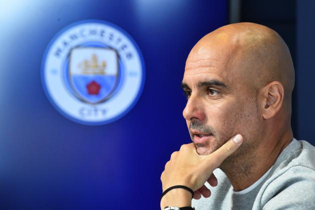 MANCHESTER, ENGLAND - OCTOBER 21: Pep Guardiola, Manager of Manchester City speaks with the media during a Press Conference at  The Academy Stadium on October 21, 2019 in Manchester, England. (Photo by Nathan Stirk/Getty Images)