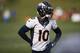 Denver Broncos wide receiver Emmanuel Sanders (10) warms up during an NFL training camp practice at the team's headquarters Tuesday, July 30, 2019, in Englewood, Colo. (AP Photo/David Zalubowski)