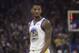 Golden State Warriors forward Alfonzo McKinnie (28) against the Los Angeles Lakers during a preseason NBA basketball game in San Francisco, Saturday, Oct. 5, 2019. (AP Photo/Jeff Chiu)