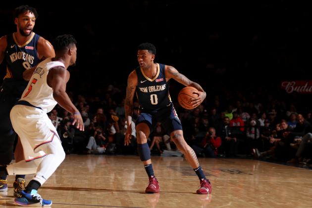 NEW YORK, NY - OCTOBER 18: Nickeil Alexander-Walker #0 of the New Orleans Pelicans handles the ball against the New York Knicks during a pre-season game on October 18, 2019 at Madison Square Garden in New York City, New York. NOTE TO USER: User expressly acknowledges and agrees that, by downloading and or using this photograph, User is consenting to the terms and conditions of the Getty Images License Agreement. Mandatory Copyright Notice: Copyright 2019 NBAE  (Photo by Nathaniel S. Butler/NBAE via Getty Images)