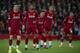 LIVERPOOL, ENGLAND - OCTOBER 02: Liverpool players Andy Robertson, Joe Gomez, Roberto Firmino, Virgil van Dijk and Trent Alexander-Arnold wait for a corner to be taken during the UEFA Champions League group E match between Liverpool FC and RB Salzburg at Anfield on October 2, 2019 in Liverpool, United Kingdom. (Photo by Visionhaus)