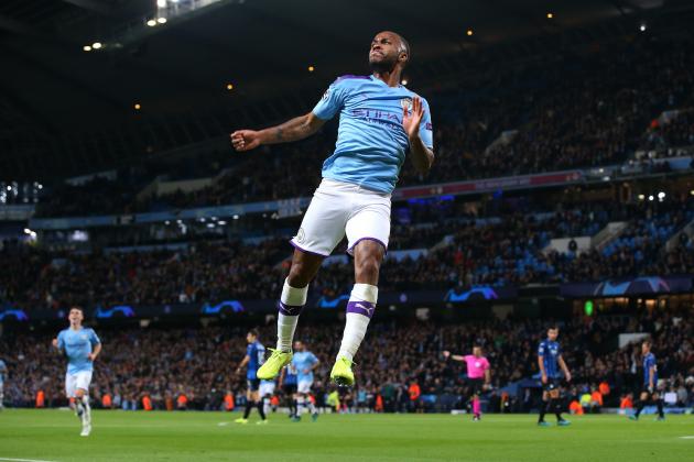 MANCHESTER, ENGLAND - OCTOBER 22:  Raheem Sterling of Manchester City celebrates after scoring his third goal during the UEFA Champions League group C match between Manchester City and Atalanta at Etihad Stadium on October 22, 2019 in Manchester, United Kingdom. (Photo by Alex Livesey - Danehouse/Getty Images)