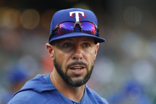 Texas Rangers major league player development field coordinator Jayce Tingler watches in the third inning of a baseball game against the Detroit Tigers in Detroit, Wednesday, June 26, 2019. (AP Photo/Paul Sancya)