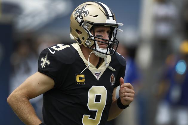 LOS ANGELES, CALIFORNIA - SEPTEMBER 15:  Drew Brees #9 of the New Orleans Saints enters the field prior to a game against the Los Angeles Rams at Los Angeles Memorial Coliseum on September 15, 2019 in Los Angeles, California. (Photo by Sean M. Haffey/Getty Images)