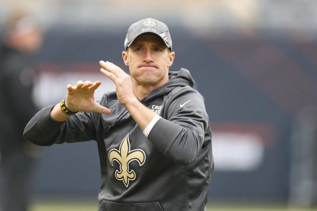 New Orleans Saints quarterback Drew Brees (9) before an NFL football game against the Chicago Bears in Chicago, Sunday, Oct. 20, 2019. (AP Photo/Charles Rex Arbogast)