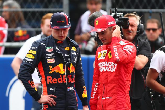 MEXICO CITY, MEXICO - OCTOBER 26: Pole position qualifier Max Verstappen of Netherlands and Red Bull Racing talks with second place qualifier Charles Leclerc of Monaco and Ferrari in parc ferme during qualifying for the F1 Grand Prix of Mexico at Autodromo Hermanos Rodriguez on October 26, 2019 in Mexico City, Mexico. (Photo by Dan Istitene/Getty Images)