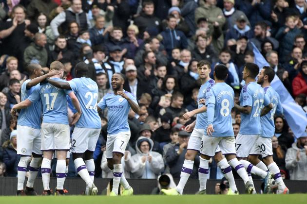 Manchester players celebrate after scoring their side's second goal during the English Premier League soccer match between Manchester City and Aston Villa at Etihad stadium in Manchester, England, Saturday, Oct. 26, 2019. (AP Photo/Rui Vieira)