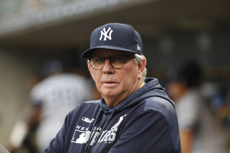 New York Yankees pitching coach Larry Rothschild watches against the Detroit Tigers in the first inning of a baseball game in Detroit, Tuesday, Sept. 10, 2019. (AP Photo/Paul Sancya)