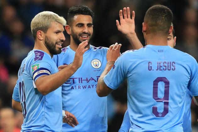 Manchester City's Argentinian striker Sergio Aguero (L) celebrates scoring his team's third goal during the English League Cup fourth round football match between Manchester City and Southampton at the Etihad Stadium in Manchester, north west England, on October 29, 2019. (Photo by Lindsey Parnaby / AFP) / RESTRICTED TO EDITORIAL USE. No use with unauthorized audio, video, data, fixture lists, club/league logos or 'live' services. Online in-match use limited to 75 images, no video emulation. No use in betting, games or single club/league/player publications. /  (Photo by LINDSEY PARNABY/AFP via Getty Images)