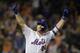 New York Mets Pete Alonso reacts after hitting hitting a home run during the third inning of a baseball game against the Atlanta Braves on Saturday, Sept. 28, 2019, in New York. Alonso hit his 53rd home run of the season, breaking the rookie record Yankees star Aaron Judge set in 2017. (AP Photo/Adam Hunger)