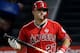 Los Angeles Angels' Mike Trout during a baseball game against the Texas Rangers Tuesday, Aug 27, 2019, in Anaheim, Calif. (AP Photo/Marcio Jose Sanchez)