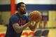 METAIRIE, LA - OCTOBER 16: Derrick Favors #22 of the New Orleans Pelicans shoots the ball during an all access practice at Ochsner Sports Performance Center in Metairie, Louisiana on October 16, 2019. NOTE TO USER: User expressly acknowledges and agrees that, by downloading and or using this Photograph, user is consenting to the terms and conditions of the Getty Images License Agreement. Mandatory Copyright Notice: Copyright 2018 NBAE (Photo by Layne Murdoch Jr./NBAE via Getty Images)