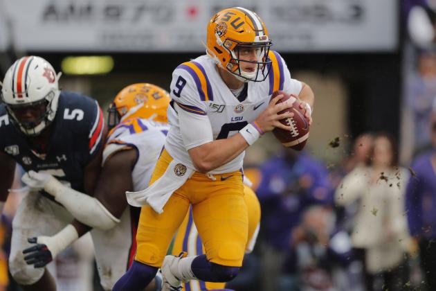 LSU quarterback Joe Burrow (9) scrambles in the first half of an NCAA college football game against Auburn in Baton Rouge, La., Saturday, Oct. 26, 2019. (AP Photo/Gerald Herbert)
