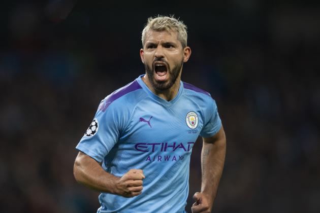 MANCHESTER, ENGLAND - OCTOBER 22: Sergio Aguero of Manchester City celebrates scoring his second goal during the UEFA Champions League group C match between Manchester City and Atalanta at Etihad Stadium on October 22, 2019 in Manchester, United Kingdom. (Photo by Visionhaus)