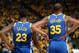OAKLAND, CA - APRIL 24: Draymond Green #23 and Kevin Durant #35 of the Golden State Warriors look on against the LA Clippers during Game Five of Round One of the 2019 NBA Playoffs on April 24, 2019 at ORACLE Arena in Oakland, California. NOTE TO USER: User expressly acknowledges and agrees that, by downloading and/or using this photograph, user is consenting to the terms and conditions of Getty Images License Agreement. Mandatory Copyright Notice: Copyright 2019 NBAE (Photo by Noah Graham/NBAE via Getty Images)