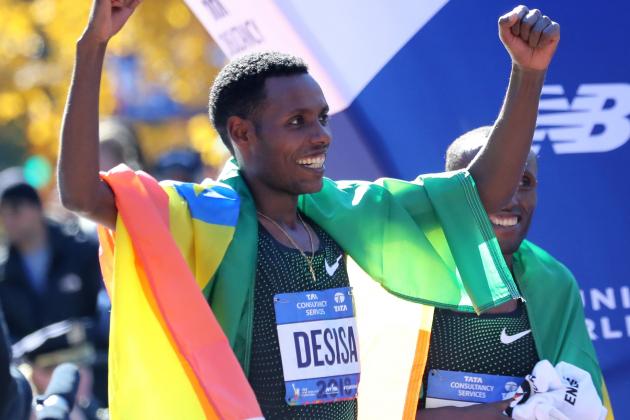 NEW YORK, NY - NOVEMBER 04:  Lelisa Desisa of Ethiopia celebrates after his first place finish in the Men's Division during the 2018 TCS New York City Marathon on November 4, 2018 in Central Park in New York City.  (Photo by Elsa/Getty Images)