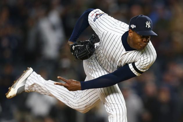 NEW YORK, NEW YORK - OCTOBER 18: Aroldis Chapman #54 of the New York Yankees throws a pitch against the Houston Astros during the ninth inning in game five of the American League Championship Series at Yankee Stadium on October 18, 2019 in New York City. (Photo by Mike Stobe/Getty Images)
