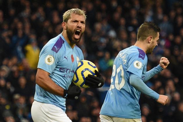 Manchester City's Argentinian striker Sergio Aguero celebrates scoring their first goal to equalise 1-1 during the English Premier League football match between Manchester City and Southampton at the Etihad Stadium in Manchester, north west England, on November 2, 2019. (Photo by Oli SCARFF / AFP) / RESTRICTED TO EDITORIAL USE. No use with unauthorized audio, video, data, fixture lists, club/league logos or 'live' services. Online in-match use limited to 120 images. An additional 40 images may be used in extra time. No video emulation. Social media in-match use limited to 120 images. An additional 40 images may be used in extra time. No use in betting publications, games or single club/league/player publications. /  (Photo by OLI SCARFF/AFP via Getty Images)