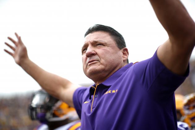 BATON ROUGE, LOUISIANA - OCTOBER 26: Head coach of the LSU Tigers Ed Ogeron looks on during pregame against the Auburn Tigers at Tiger Stadium on October 26, 2019 in Baton Rouge, Louisiana. (Photo by Chris Graythen/Getty Images)