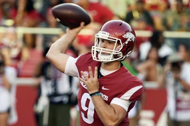 FILE - In this Sept. 15, 2018, file photo, Arkansas quarterback John Stephen Jones drops back to pass against North Texas in the second half of an NCAA college football game in Fayetteville, Ark. Jones grandfather is Arkansas alum and Dallas Cowboys owner Jerry Jones. (AP Photo/Michael Woods, File)