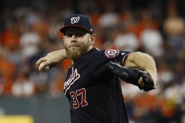 Washington Nationals starting pitcher Stephen Strasburg throws during the first inning of Game 6 of the baseball World Series against the Houston Astros Tuesday, Oct. 29, 2019, in Houston. (AP Photo/Matt Slocum)