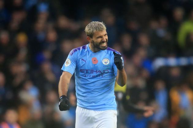Manchester City's Argentinian striker Sergio Aguero celebrates scoring their first goal to equalise 1-1 during the English Premier League football match between Manchester City and Southampton at the Etihad Stadium in Manchester, north west England, on November 2, 2019. (Photo by Lindsey Parnaby / AFP) / RESTRICTED TO EDITORIAL USE. No use with unauthorized audio, video, data, fixture lists, club/league logos or 'live' services. Online in-match use limited to 120 images. An additional 40 images may be used in extra time. No video emulation. Social media in-match use limited to 120 images. An additional 40 images may be used in extra time. No use in betting publications, games or single club/league/player publications. /  (Photo by LINDSEY PARNABY/AFP via Getty Images)
