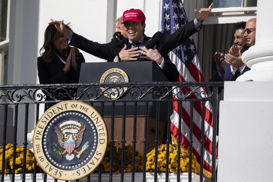 Nationals catcher Kurt Suzuki wears MAGA hat at White House celebration   WATCH: President Trump hugs Nationals catcher Kurt Suzuki after he wears a  Make American Great Again hat at White House