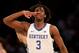 NEW YORK, NEW YORK - NOVEMBER 05: Tyrese Maxey #3 of the Kentucky Wildcats celebrates his three point shot in the first half against the Michigan State Spartans during the State Farm Champions Classic at Madison Square Garden on November 05, 2019 in New York City.Duke Blue Devils defeated the Kansas Jayhawks 68-66. (Photo by Elsa/Getty Images)