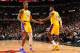 CHICAGO, IL - NOVEMBER 5: Dwight Howard #39 and LeBron James #23 of the Los Angeles Lakers high-five during a game against the Chicago Bulls on November 5, 2019 at United Center in Chicago, Illinois. NOTE TO USER: User expressly acknowledges and agrees that, by downloading and or using this photograph, User is consenting to the terms and conditions of the Getty Images License Agreement. Mandatory Copyright Notice: Copyright 2019 NBAE (Photo by Jesse D. Garrabrant/NBAE via Getty Images)